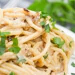Close-up of pasta garnished with chopped parsley on a plate.