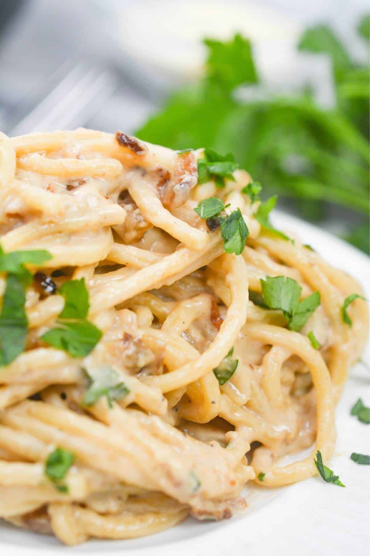 Close-up of pasta garnished with chopped parsley on a plate.