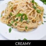 A plate of rich caramelized onion pasta, creamy and perfectly seasoned, garnished with freshly chopped parsley on a white dish.