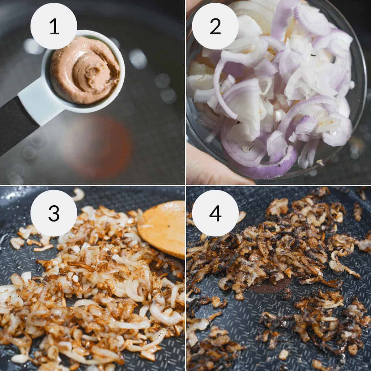 Collage of four steps: 1. spoon with miso, 2. sliced onions in a bowl, 3. sautéing onions for caramelized onion pasta, 4. rich caramelized onions in a pan.