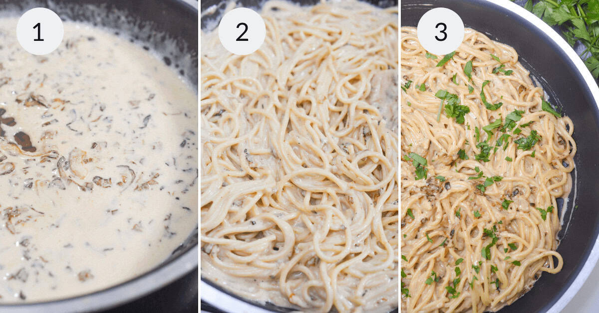 1) Sauce with herbs in a pan, 2) Pasta mixed with the sauce, 3) Garnished pasta with herbs in the pan.