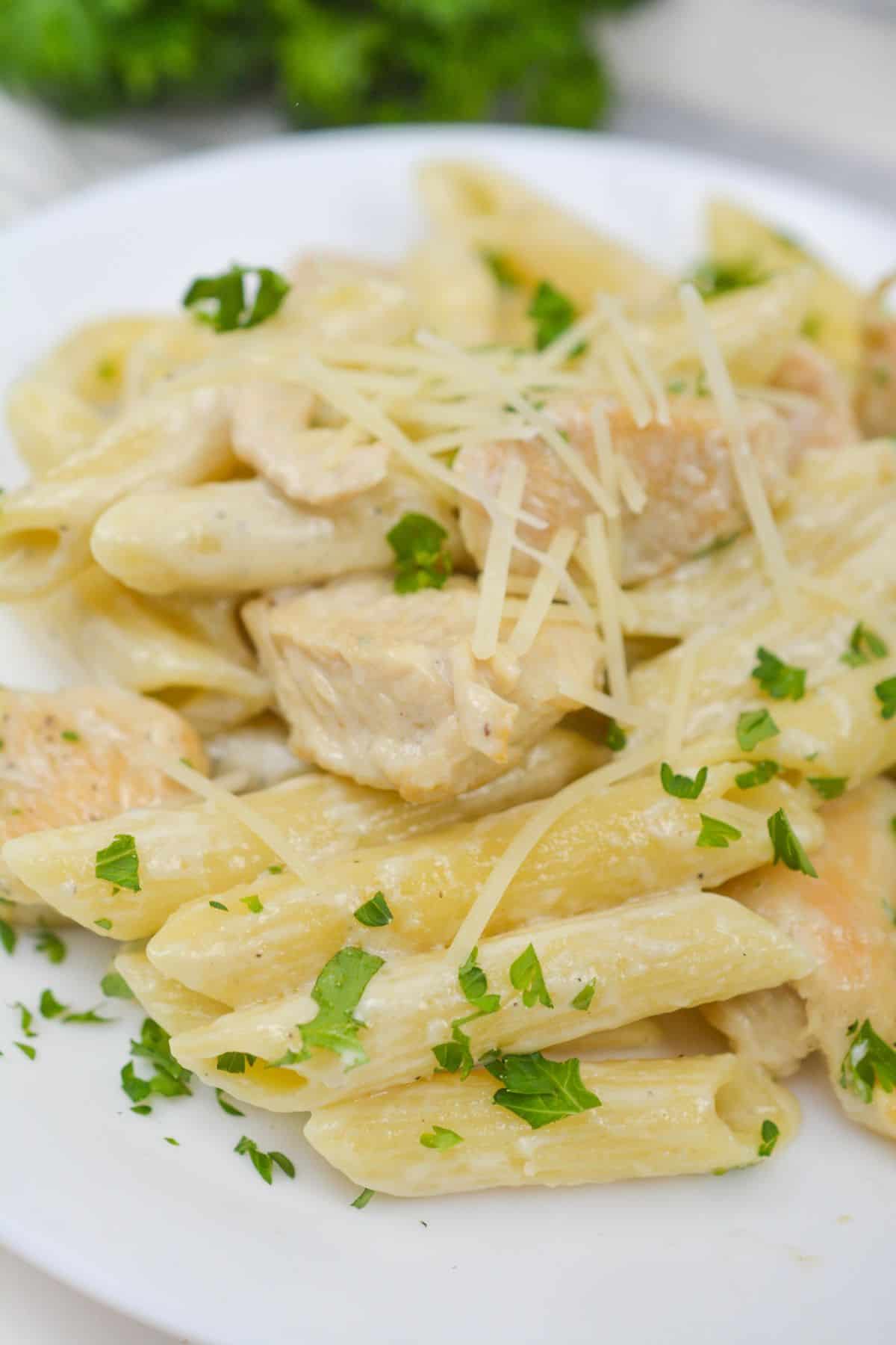 Plate of penne pasta with creamy Chicken Gorgonzola sauce, chunks of chicken, shredded cheese, and chopped parsley on top.