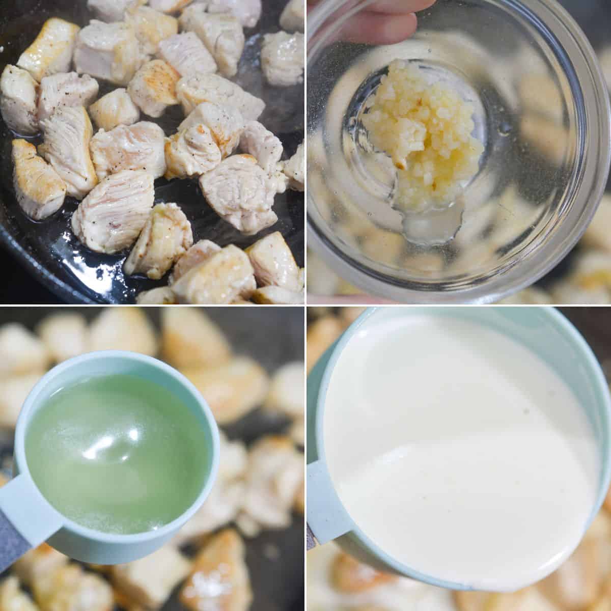 Four images show cubed chicken in a pan, minced garlic in a small bowl, a cup of chicken broth, and a cup of cream, depicting steps in the Chicken Gorgonzola cooking process.