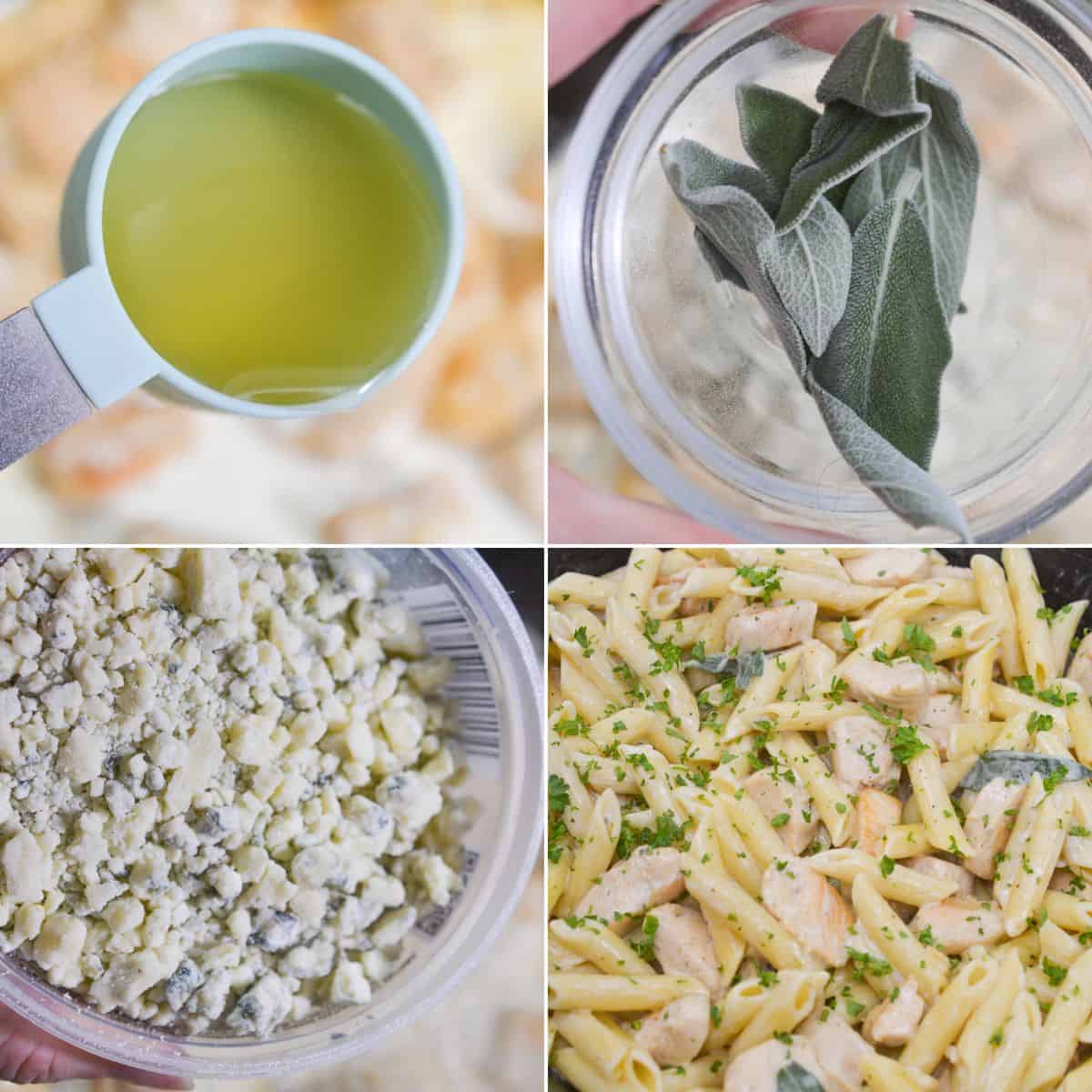 Four images show: oil in a measuring cup, fresh sage leaves, blue cheese crumbles, and creamy Chicken Gorgonzola penne pasta with chicken, sage, and herbs.