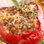 A close up on a chorizo stuffed pepper.