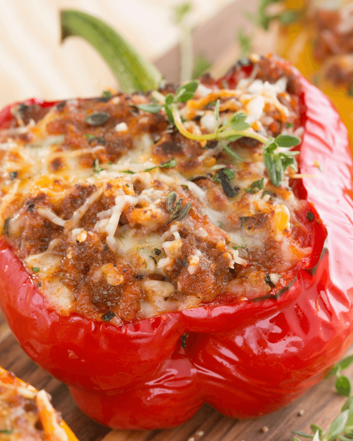 A close up on a chorizo stuffed pepper.