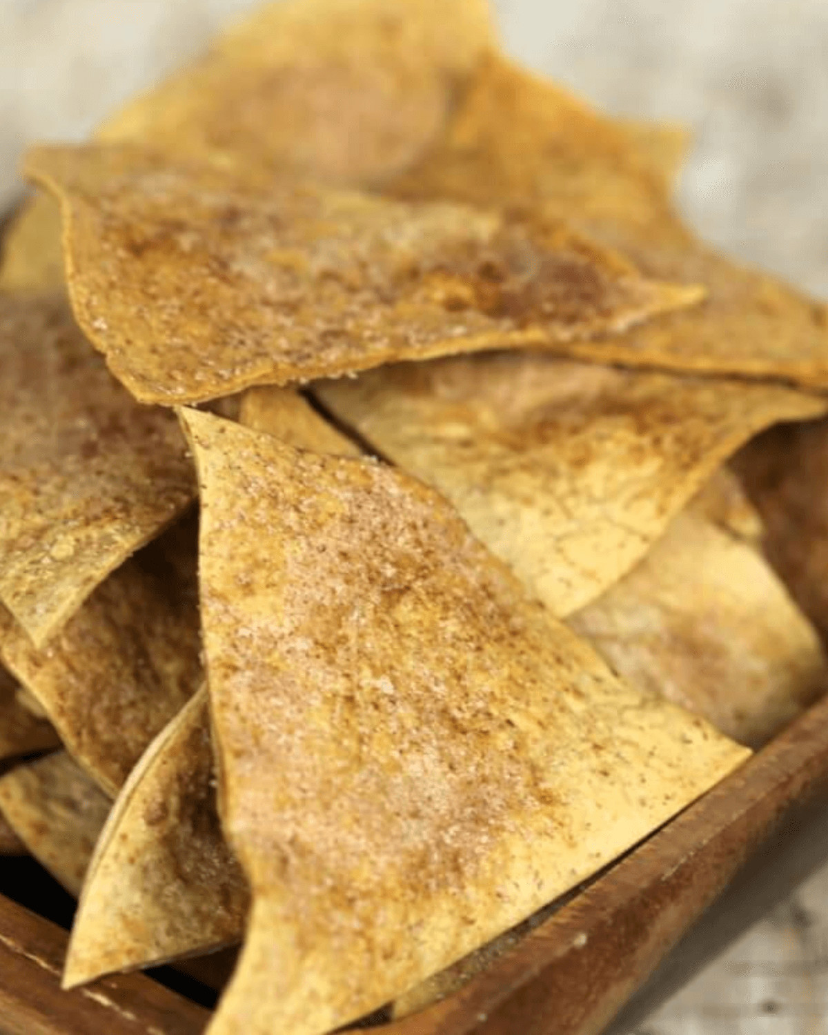 A closeup of the finished cinnamon tortilla chip.