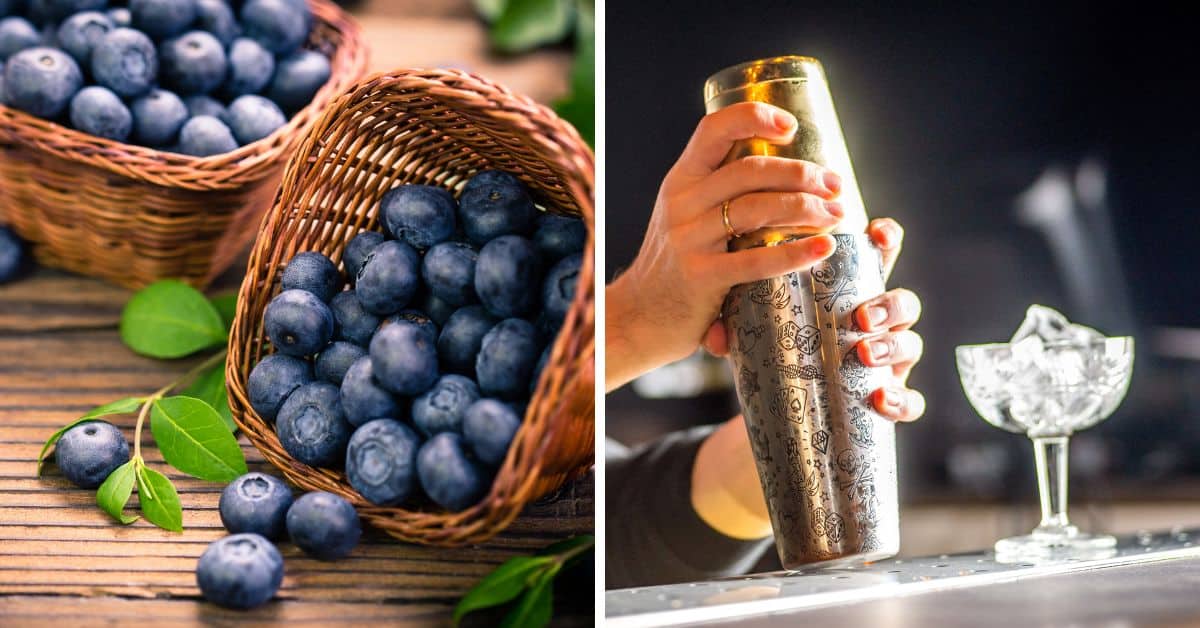 A close-up of fresh blueberries in wicker baskets on the left and a person shaking a blueberry mojito in a metallic shaker next to a glass on the right.