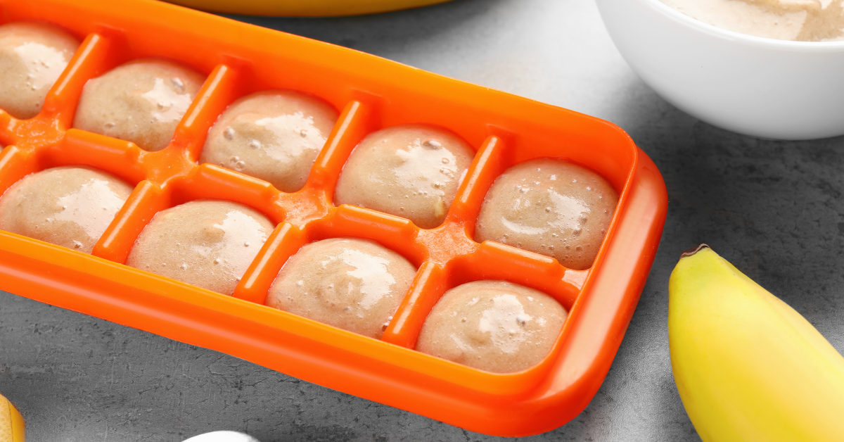 An ice cube tray with puree.