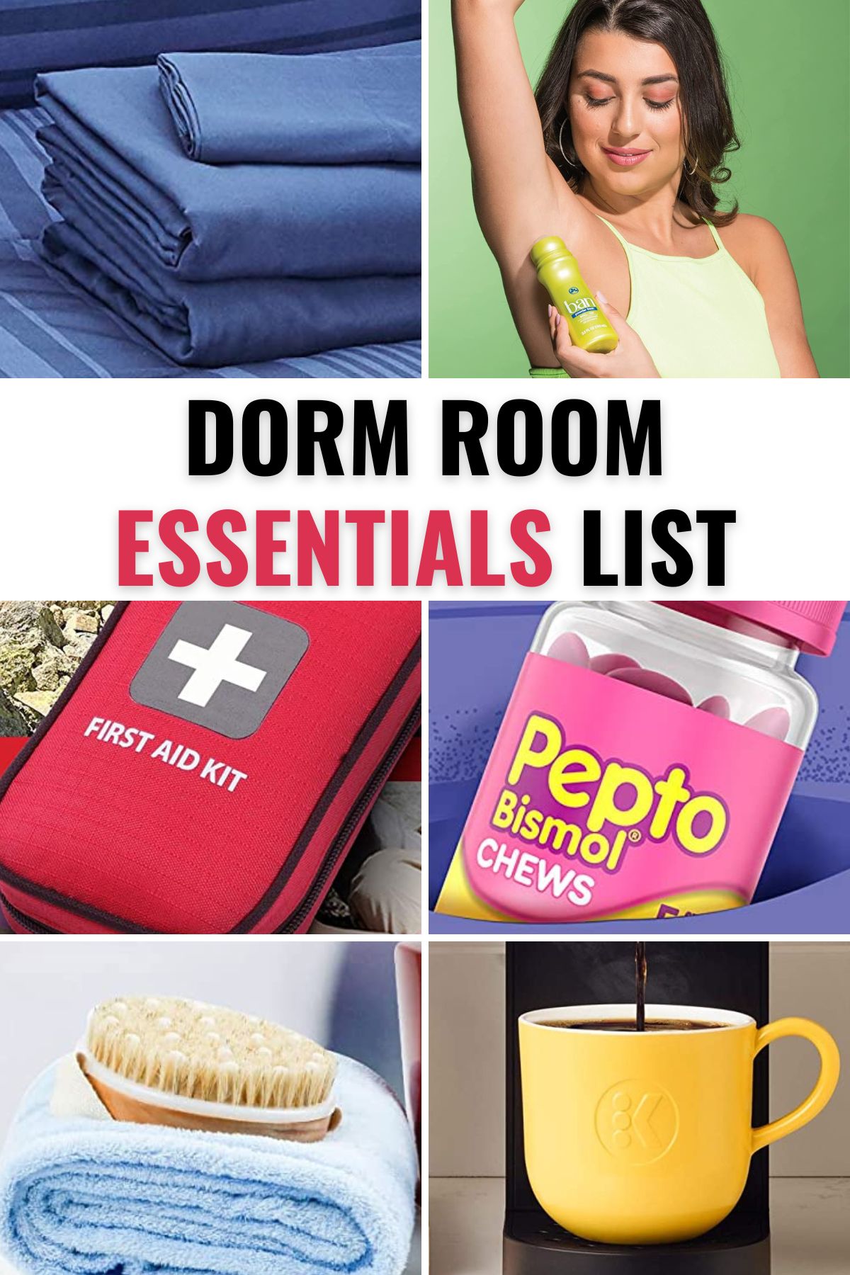 A collection of items on a dorm essentials list. 