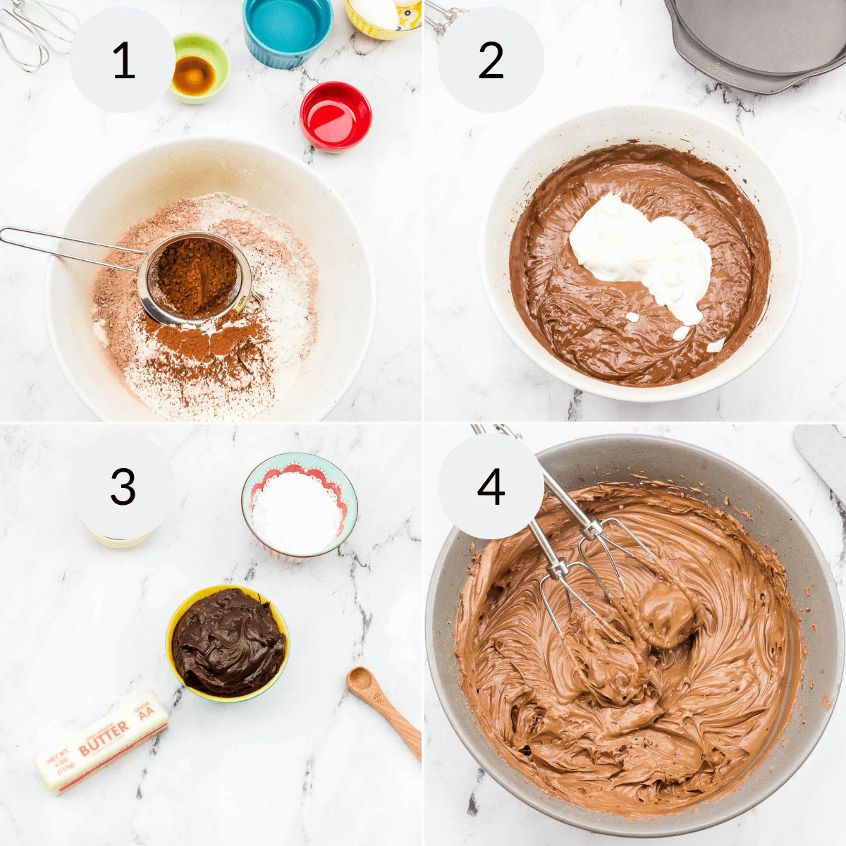 Mixing the cake mix ingredients together.