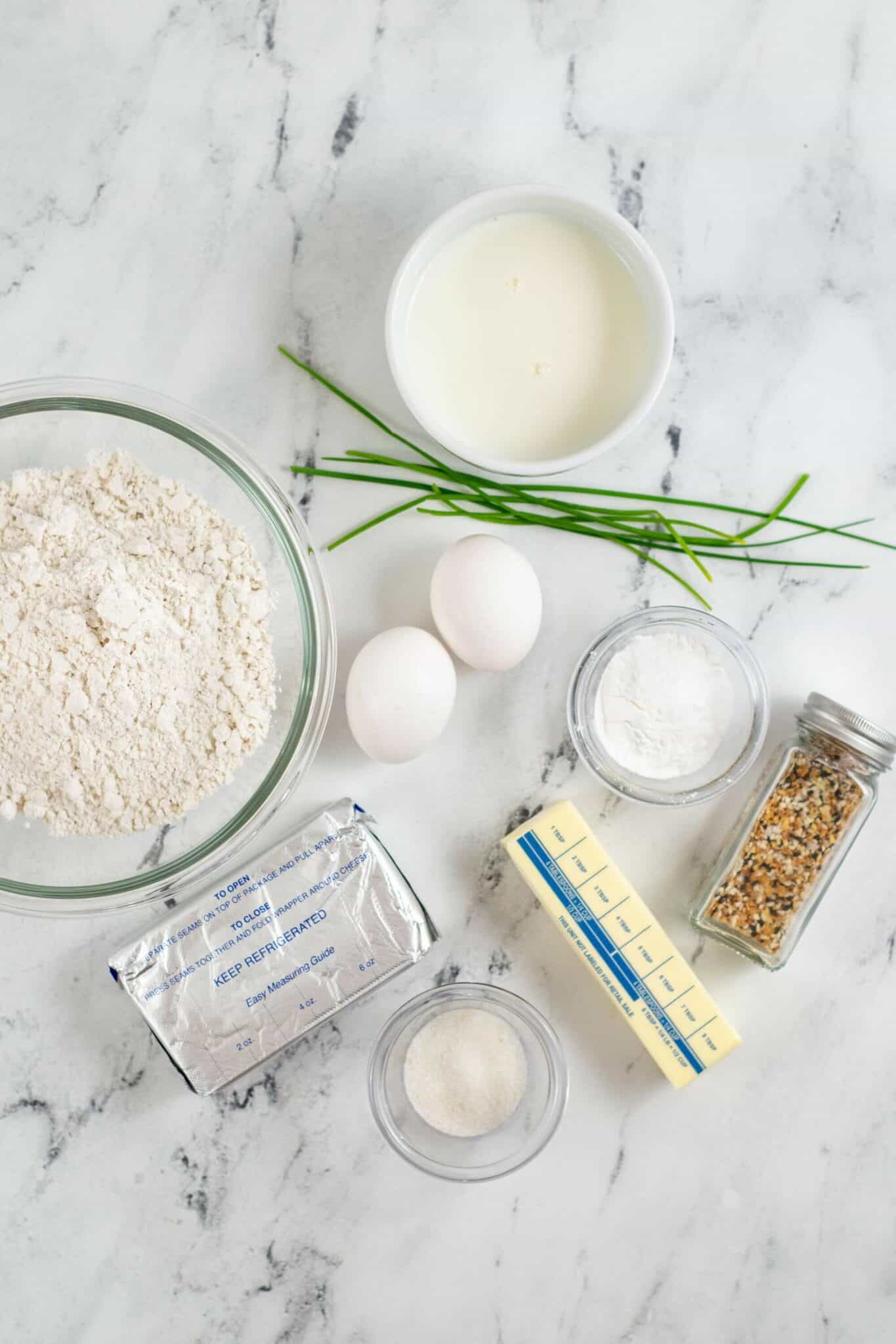 Flour, butter, cream, cream cheese and everything but the bagel seasoning.