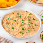 A bowl of the Instant Pot Buffalo chicken dip.