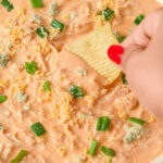 A chip in a bowl of the chicken dip.