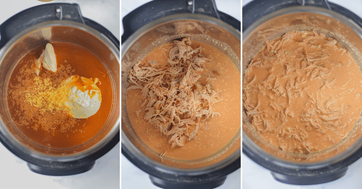 Creating the sauce and adding back the shredded chicken for the dip.