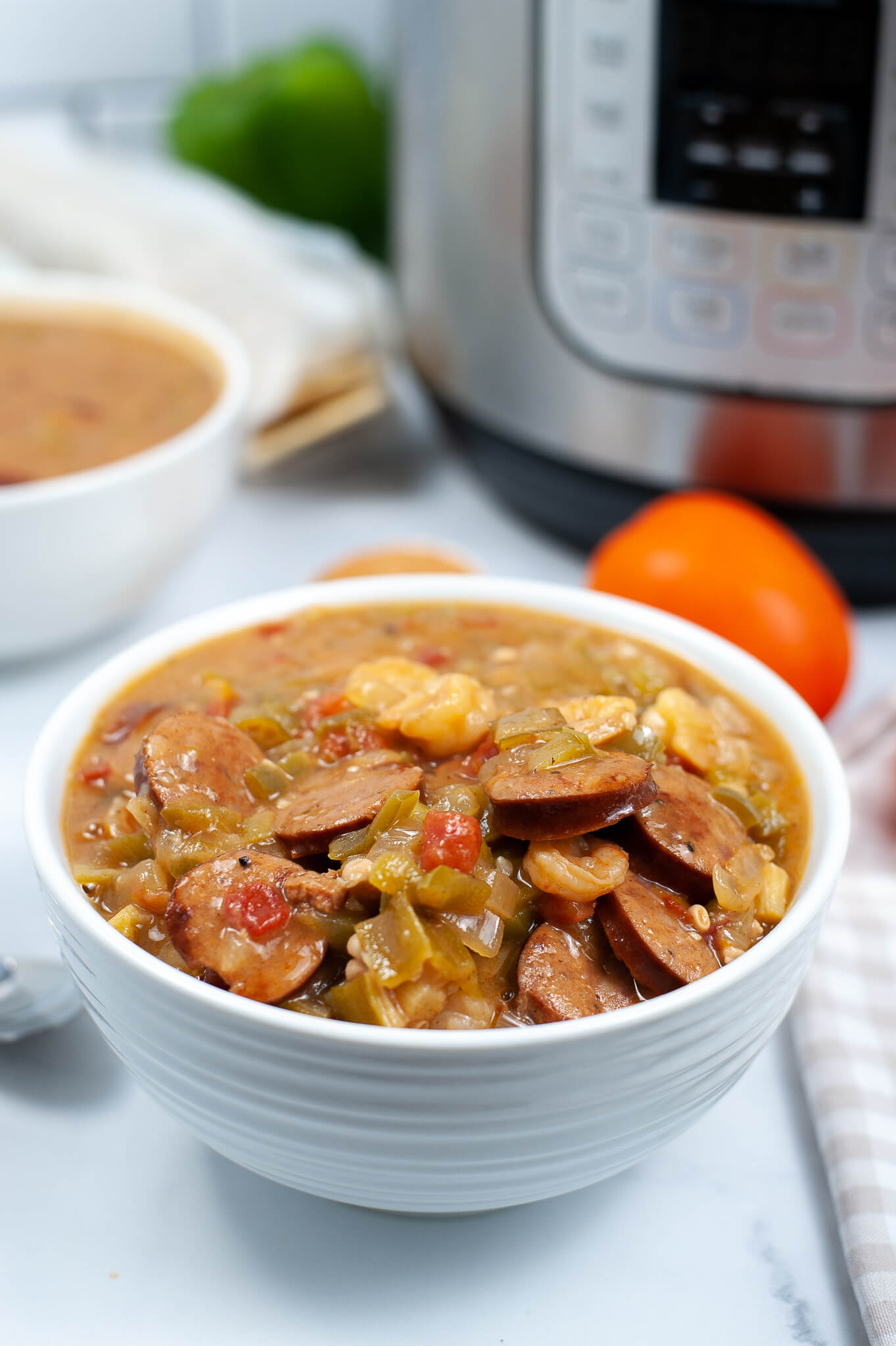 A dish of the delicious instant pot gumbo stew.