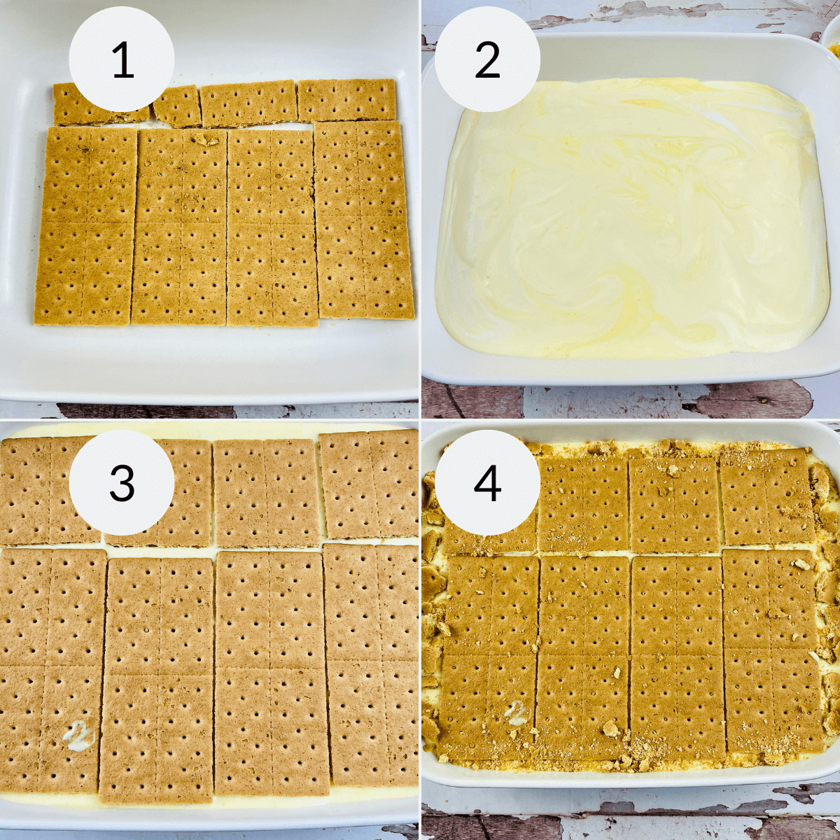 Layering the graham crackers and the filling for the lemon dessert.