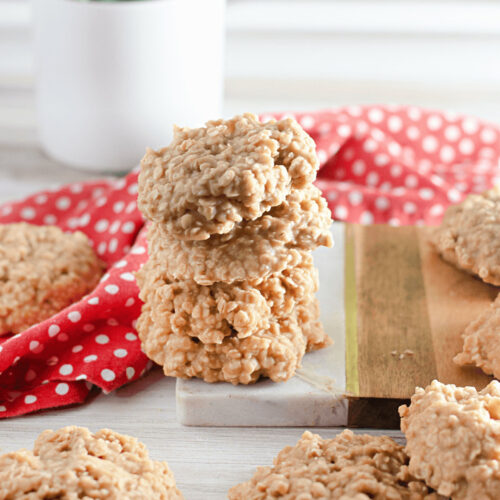 A stack of no bake peanut butter oatmeal cookies.