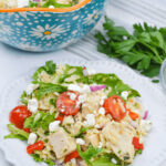 A serving of the orzo chicken salad with a bowl of the finished dish in blue behind it.