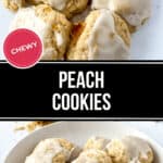 Close-up images of chewy peach cookies, some stacked on a white surface and others arranged in a white bowl, all with a light glaze on top.