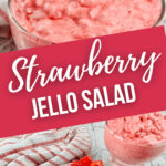 A close up on the strawberry jello salad in glass dishes.