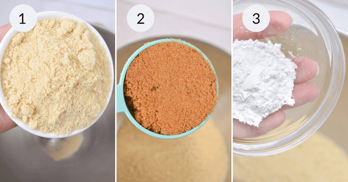 Three images show close-ups of ingredients being held over a mixing bowl for Strawberry Lemon Blondies: image 1 has almond flour, image 2 has brown sugar, and image 3 has a small bowl of powdered sugar.