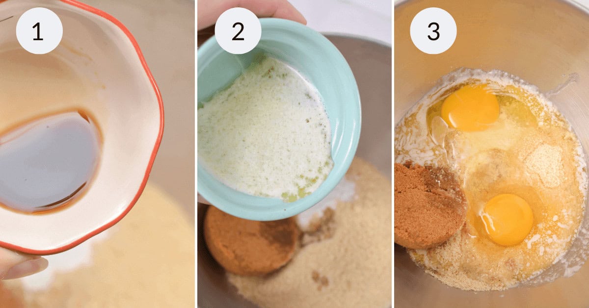 Three-step baking process for dessert Image 1: Hand holding a bowl with liquid. Image 2: Melted butter being poured into a mixing bowl. Image 3: Two eggs added to the mixture of butter and sugars in the bowl.