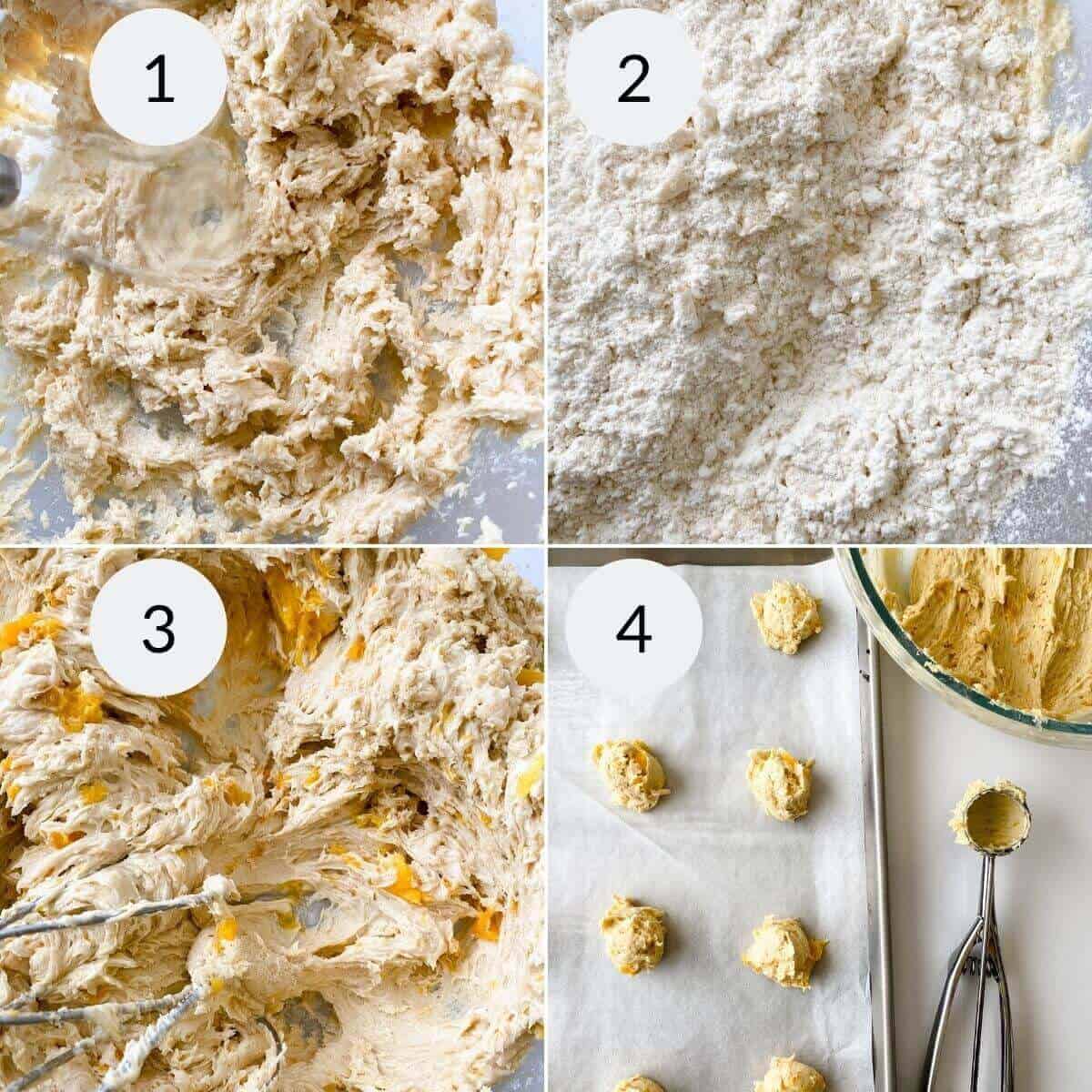 A 4-step baking process for Peach Cookies: 1. Mixing dough, 2. Dry ingredients, 3. Combining ingredients with a mixer, 4. Shaping dough balls on a baking sheet using a scooper and bowl.