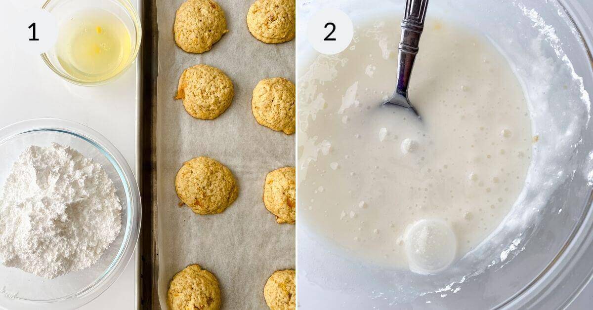 Step-by-step baking: Left image shows cookie dough balls on a baking tray, with a bowl of egg whites and powdered sugar beside it. Right image features a bowl of mixed icing for Peach Cookies, complete with a spoon ready to add flavor.