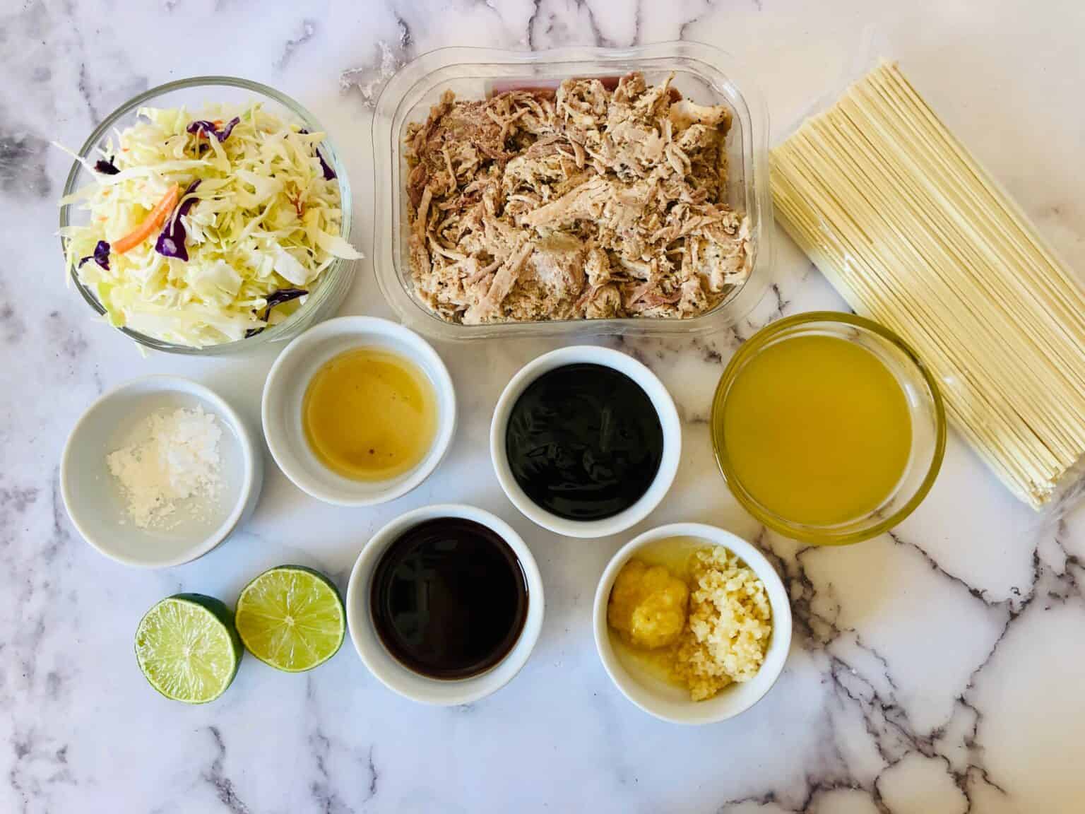Noodles, sauce, pork and seasoning to make the pork chow mein.