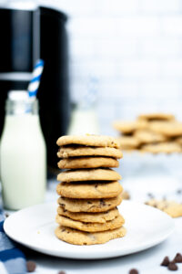 A stack of the bakery style arit fryer chocolate chip cookies.