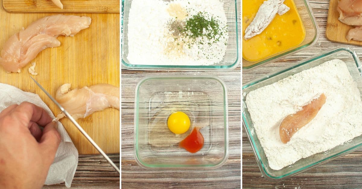 Three-panel image showing raw chicken being cut, ingredients for Air Fryer Buffalo Chicken in separate glass dishes, and a chicken strip being coated in the flour mixture.