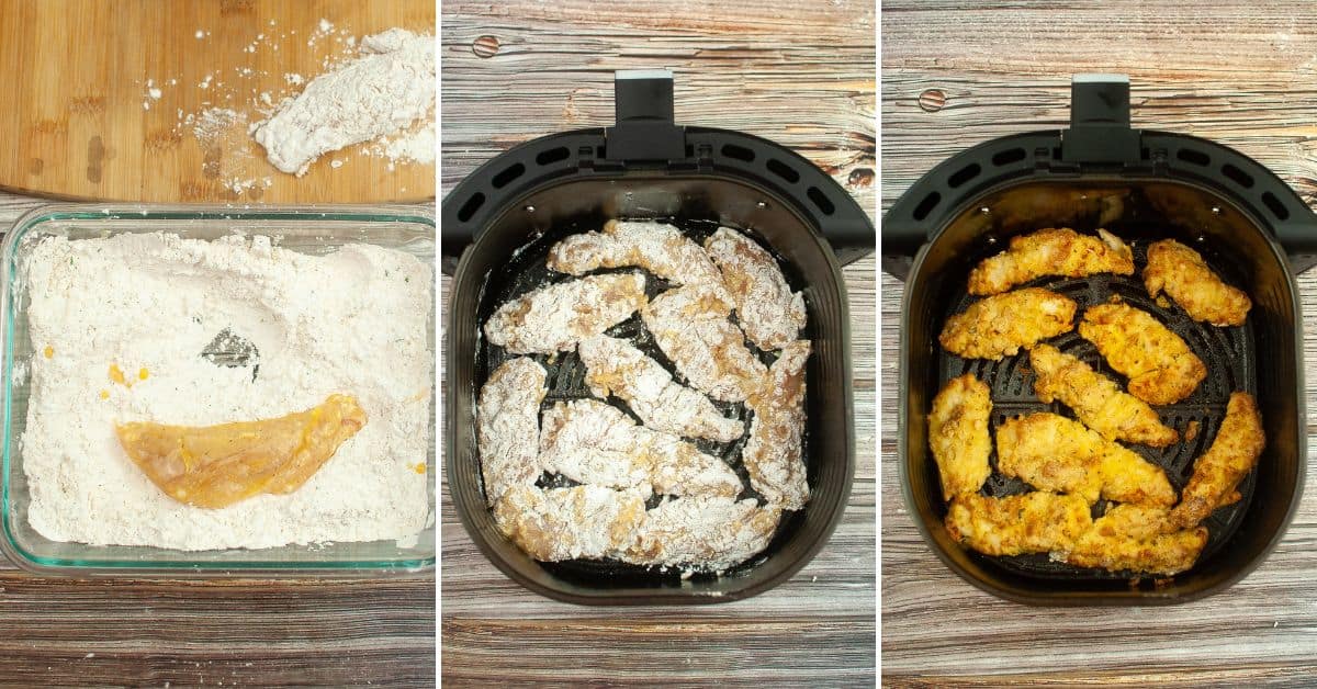 Three-step process of making strips: coating in flour, placing coated pieces in basket, and cooking until golden .