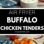 Plate of crispy Air Fryer Buffalo Chicken tenders next to a cup of ranch dip, with a blue-striped napkin on a wooden surface.