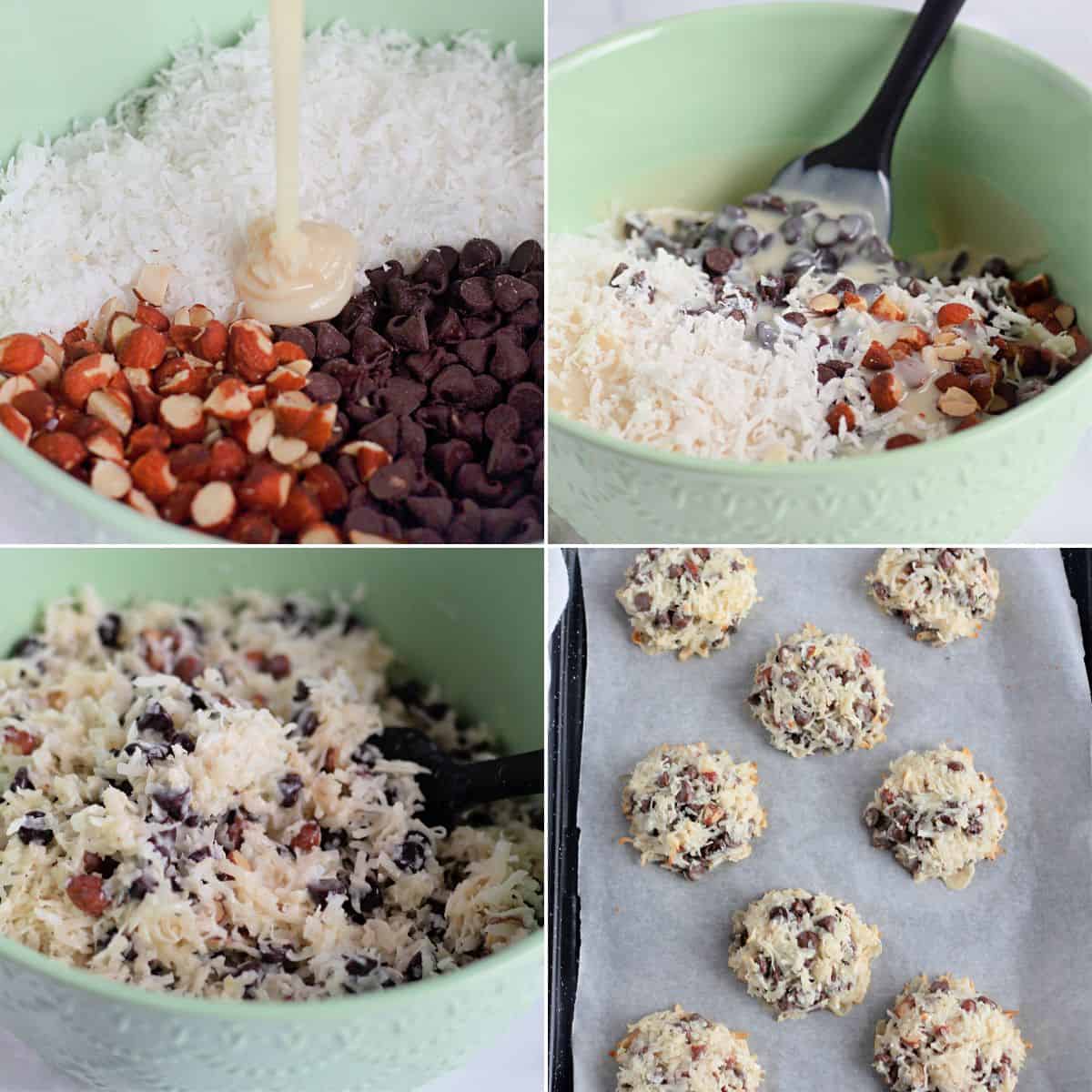 Four-panel image showing the process of making Almond Joy Cookies with shredded coconut, chopped nuts, chocolate chips, and sweetened condensed milk, mixed in a bowl, then scooped onto a baking tray.