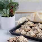 A tray of homemade Almond Joy Cookies with chocolate chips and coconut sits on a kitchen counter next to a potted plant; two cookies are placed in front of the tray.