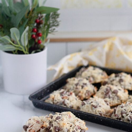 A tray of homemade Almond Joy Cookies with chocolate chips and coconut sits on a kitchen counter next to a potted plant; two cookies are placed in front of the tray.