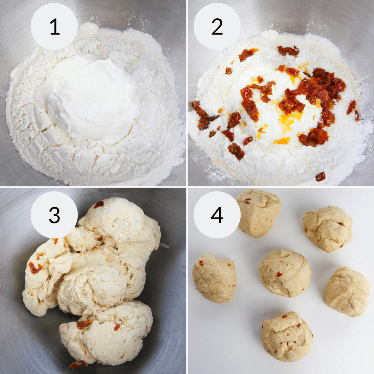 Step by step instructions for creating dough for the bagels by mixing the dry and wet ingredients together.