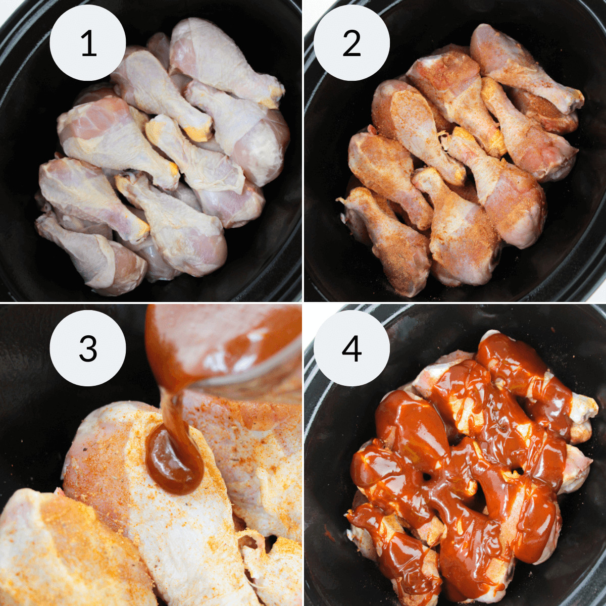 Stacking the drumsticks in the slow cooker and applying the sauce.