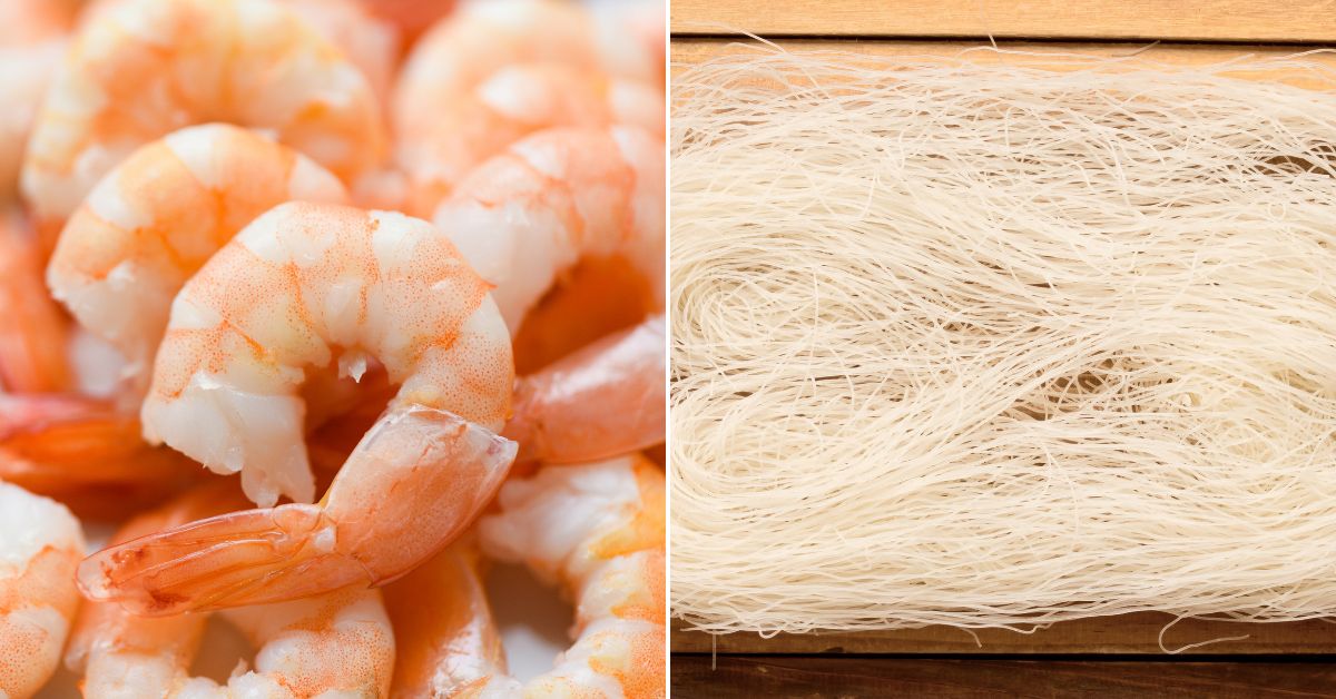 An image of raw shrimp next to an image of uncooked noodles.