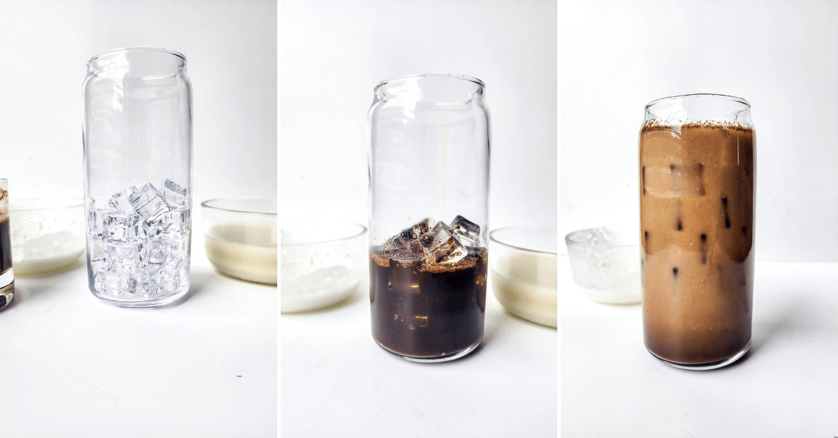 Prepare a tall glass with ice for the brown sugar oat  milk espresso.