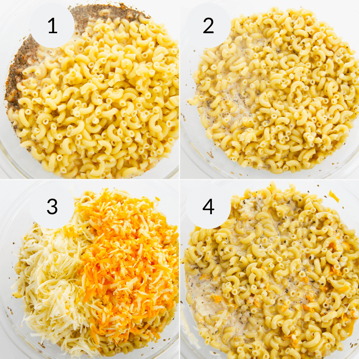 Step by step instructions for combining cheese and pasta.