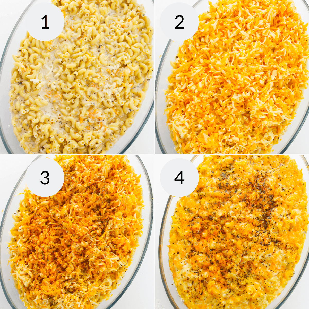 Step by step instructions for placing cajun mac n cheese in a dish and baking it.