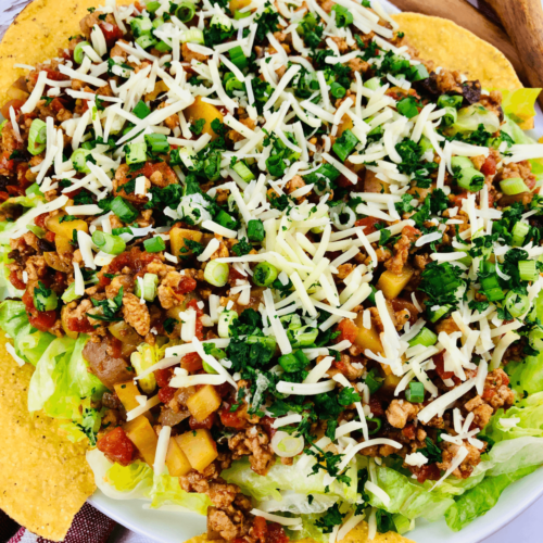 A shot of the Chicken Picadillo Taco salad from the top, highlighting all the ingredients.
