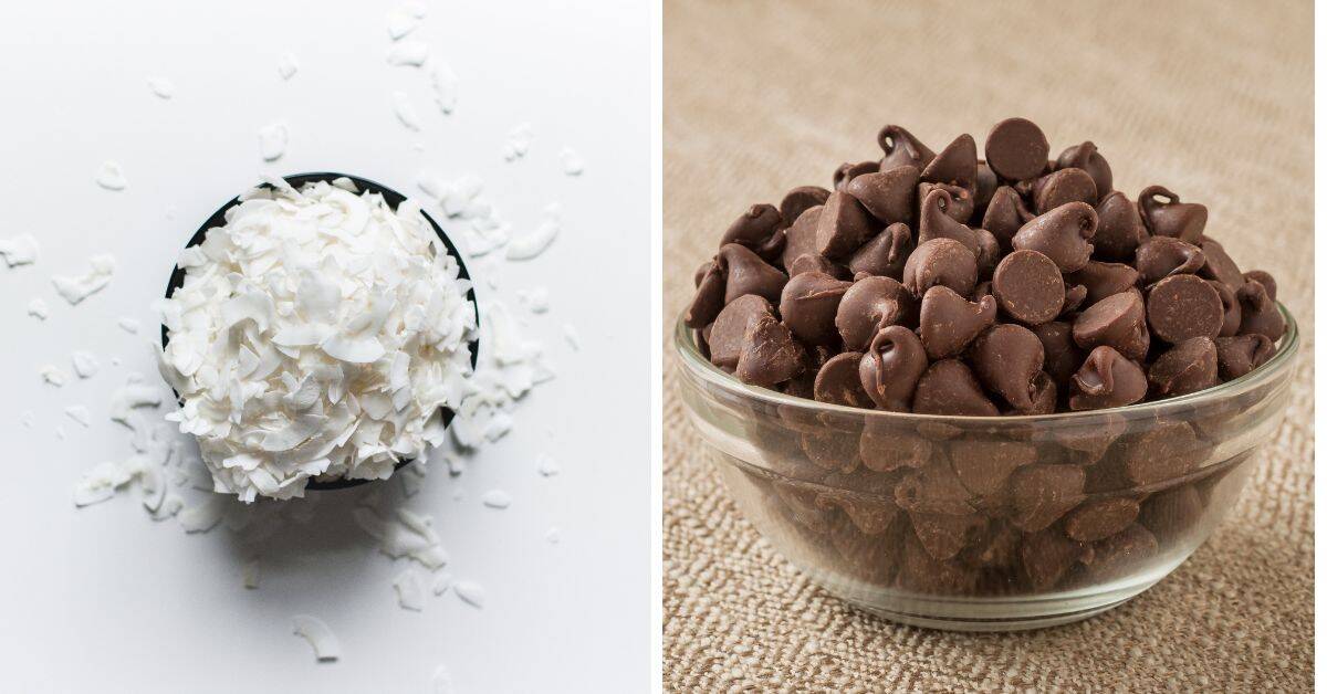 A bowl of shredded coconut on the left and a bowl of chocolate chips on the right, shown side by side—perfect ingredients for making Almond Joy Cookies.