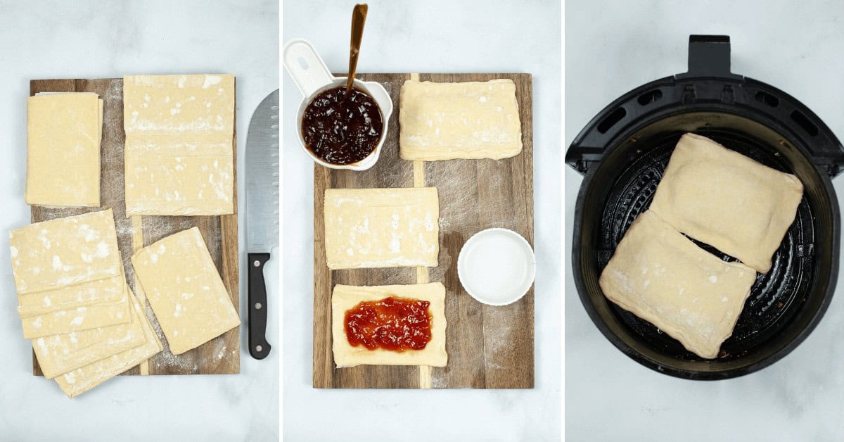 Cutting board with dough and jam on it.