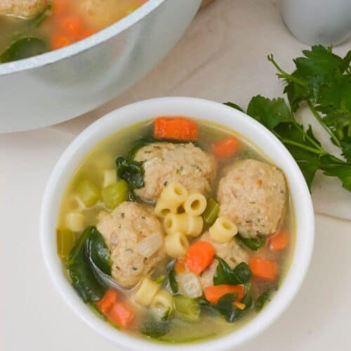 A bowl of the soup beside the pot.
