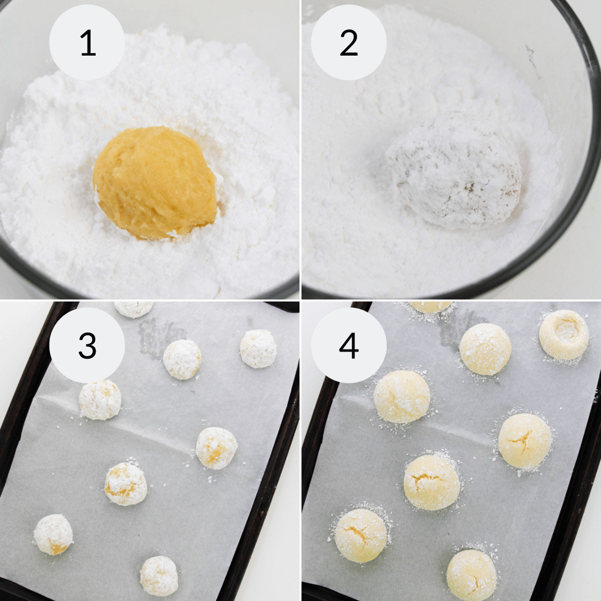 Roll the dough balls in powder sugar and placing them on parchment lined trays.