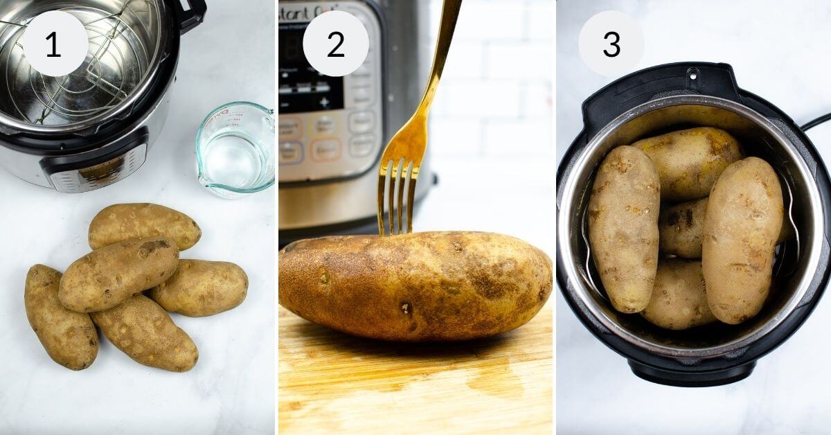 Cleaning, the potatoes, pricking with the fork and cooking in the instant pot.
