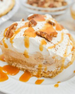 A slice of the butterscotch cinnamon pie with a drizzle of butterscotch on top.